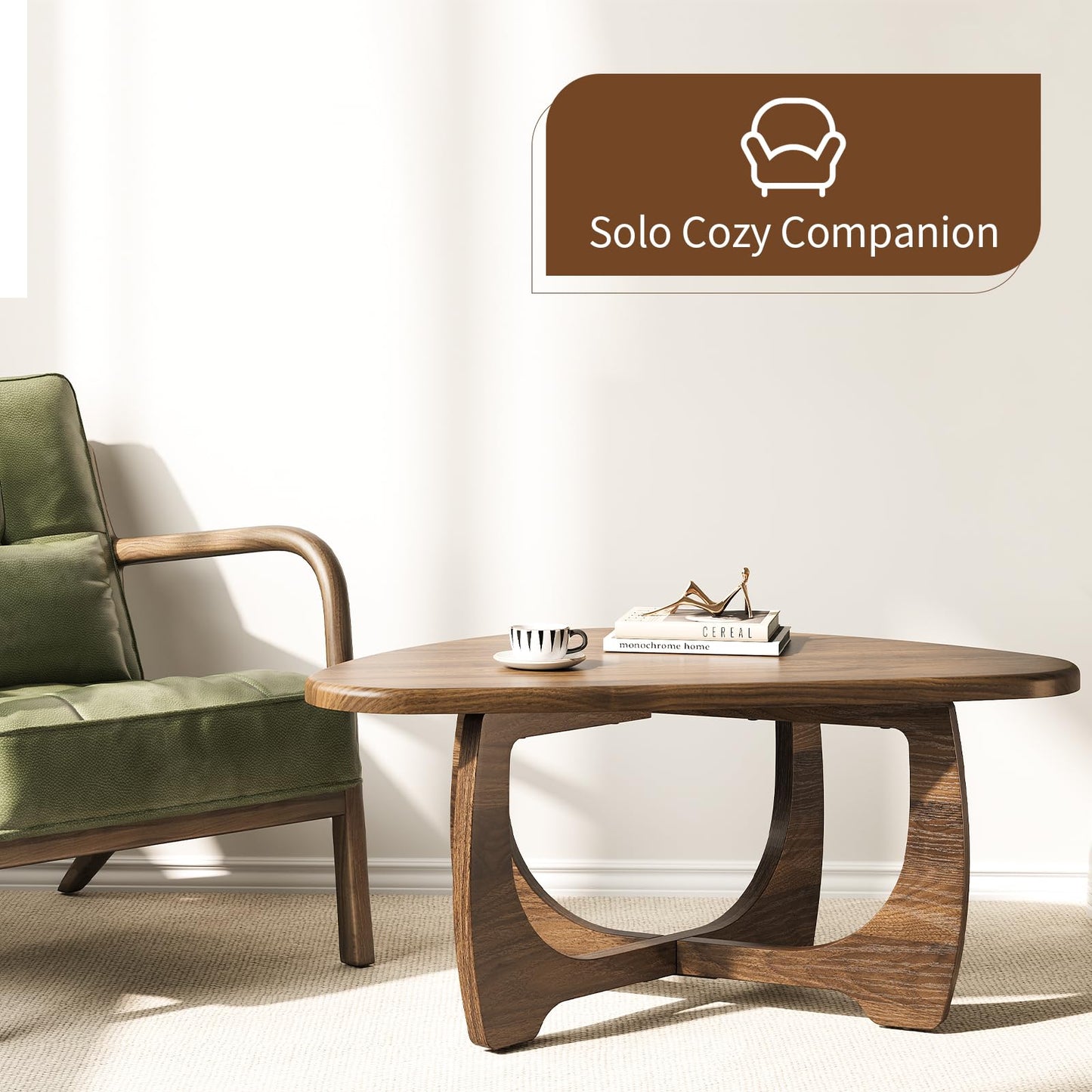 Curlaky Coffee Table for Living Room - Mid Century Modern Coffee Tables with Triangle Top, Unique Small Round Coffee Table, Wood Oval Tea Table with Solid Legs for Bedroom, 35.8"x 22.5" x 16.2" Walnut