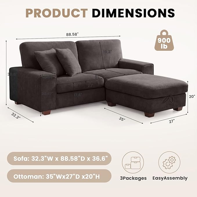 DOPEDIO L-Shaped Sectional Sofa with Storage Ottoman, Modern Chenille Recliner Loveseat, Removable Couch Covers, Pocket Spring Cushions, Solid Wood Frame, Easy to Install (88.58inch, Dark Grey)