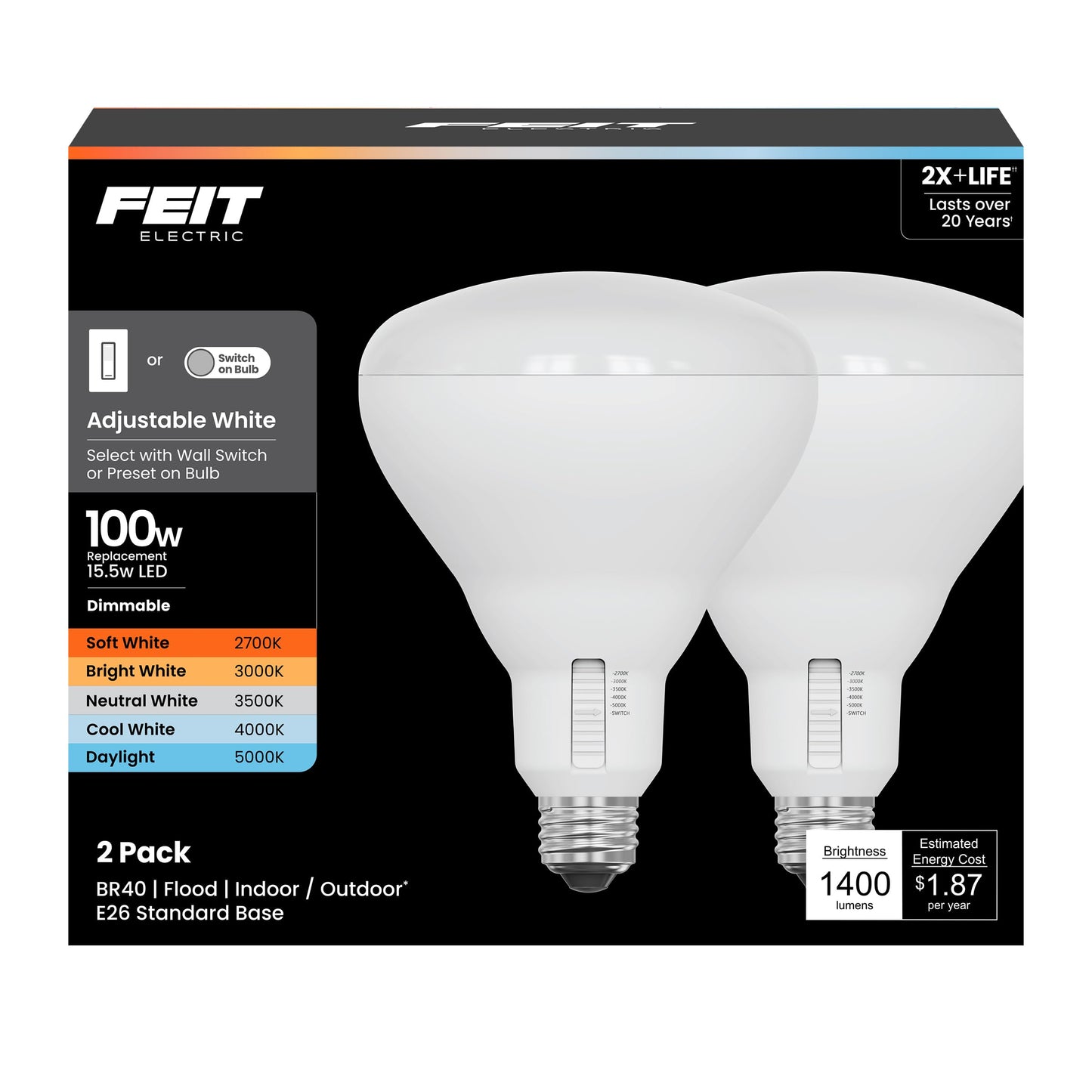 Feit Electric BR40 LED Light Bulb, 100W Equivalent, Dimmable, 1400 Lumens, 5-Color Adjustable White, 90+ CRI, General Purpose Flood & Track Lighting, 25,000-Hour Lifetime, BR40100DM/6WYCA/2, 2 Pack