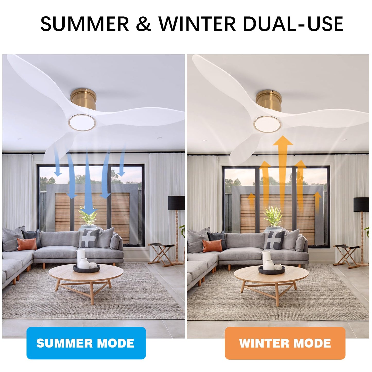 52 Inch Ceiling Fan with Lights and Remote, White Gold Low Profile Flush Mount, Modern 3 Blade Ceiling Fans Dimmable LED Light for Farmhouse Indoor Bedroom, Living Room