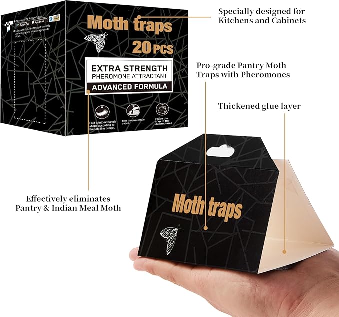 Upgraded Moth Traps, 20Pack Double Potent Pantry & Clothes Traps with Pheromones Prime, No Toxic & Odorless Meal Moth Trap, Organic Sticky Moths Balls Repellent with Lure for Closet, Kitchens
