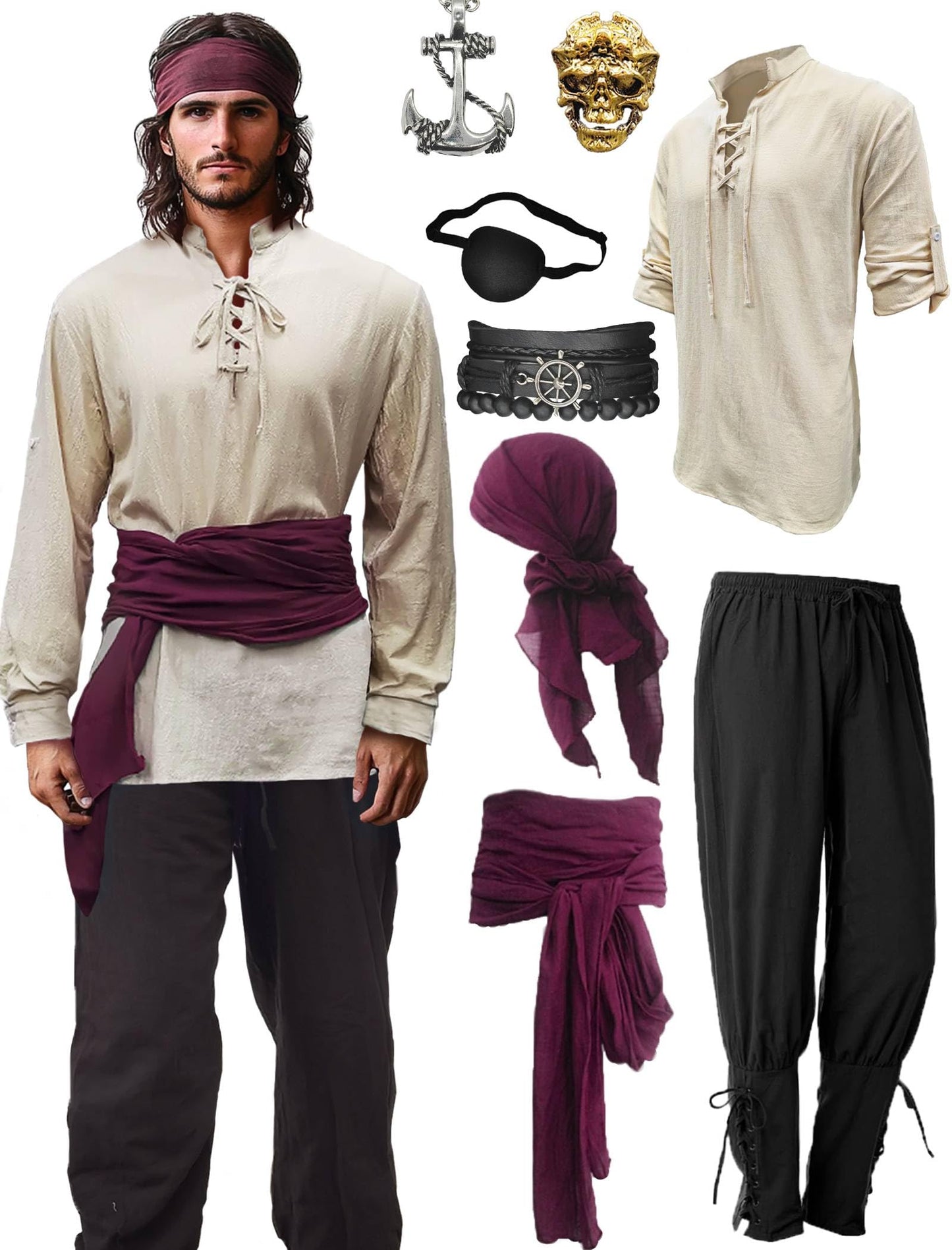 Verceco Mens Pirate Costume Outfit Renaissance Costume Men Medieval Outfit With Pirate Pants Shirts Sash Accessories Khaki Large