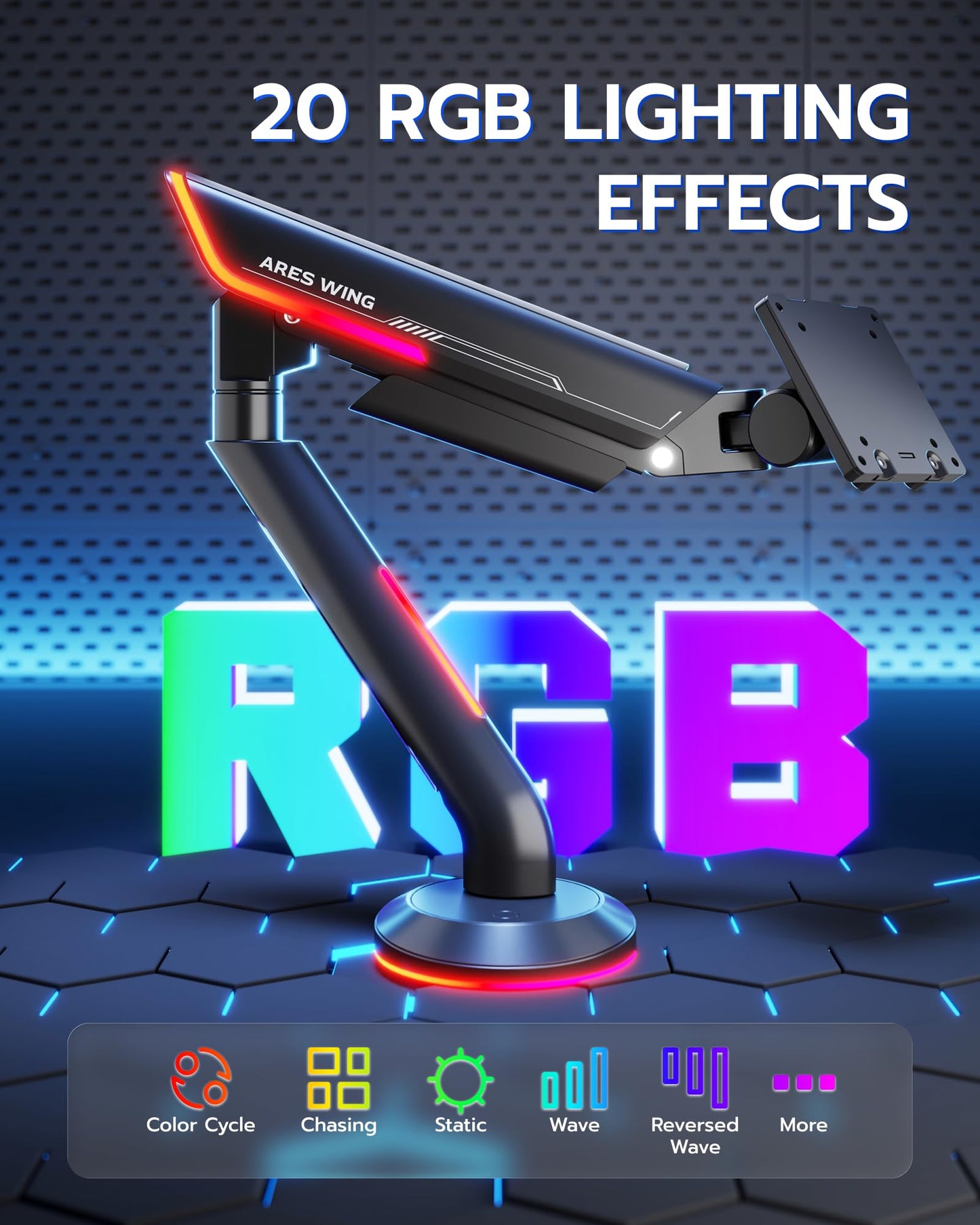 ARES WING Single Monitor Mount with RGB, Heavy-Duty Gaming Monitor Arm fits for 24"-57" Ultrawide Screen, Adjustable Computer Monitor Stand Holds Up to 60LBS with VESA Mount, Clamp & Grommet, Black