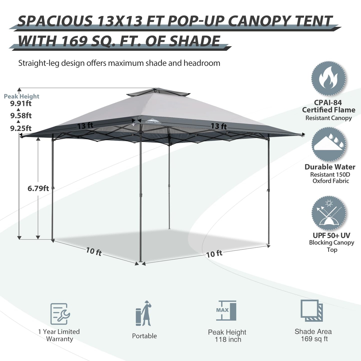 EAGLE PEAK 13x13 Straight Leg Pop Up Canopy Tent Instant Outdoor Canopy Easy Single Person Set up Folding Shelter w/Auto Extending Eaves 169 Square Feet of Shade (Light Gray)