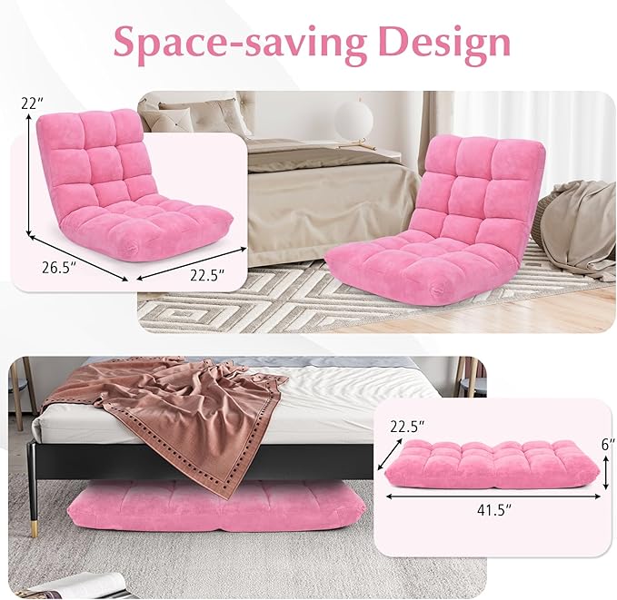 Folding Floor Chair w/Back Support, 14-Position Adjustable Lazy Sofa Chair w/Coral Velvet Fabric & Alloy Steel Frame, Portable Meditation Chair for Reading, Gaming,Sleeping (Pink)