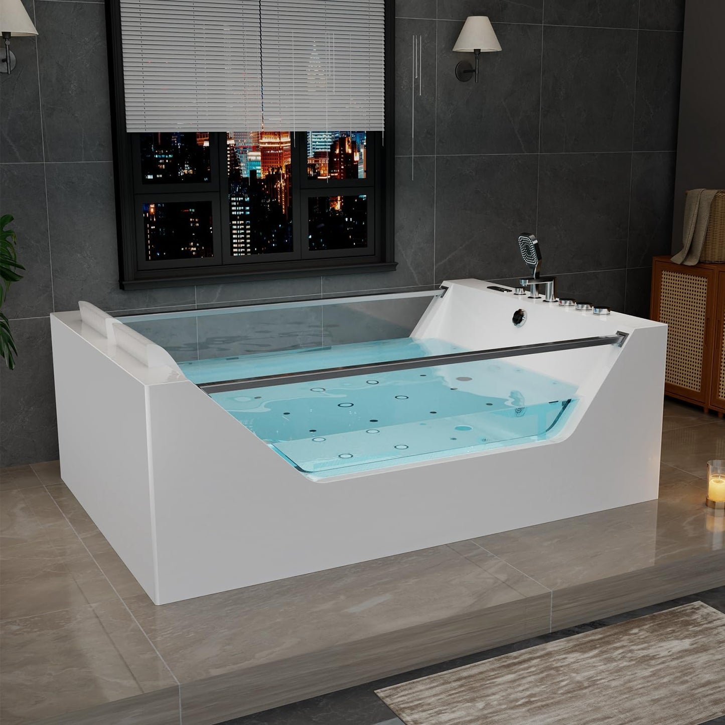 Empava PRO Series Model Jetted Tub, Freestanding Whirlpool Bathtub | 71"x48" Heated Bubble for 2 | Thermostatic Control & Chromotherapy Lighting | White Acrylic (ETL Certified)