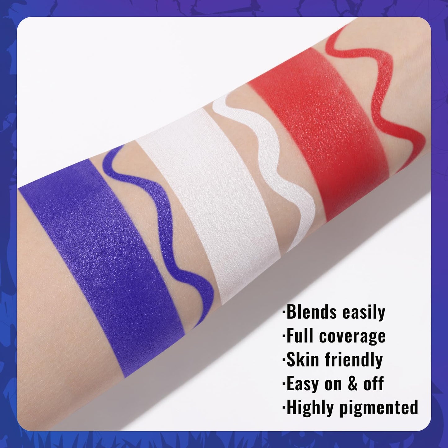 US Flag Red White Blue Face Painting Kit, 3 Colors Facepaint + 3PC Sponge + Brush for Halloween Costume Clown Joker, Eye Black f