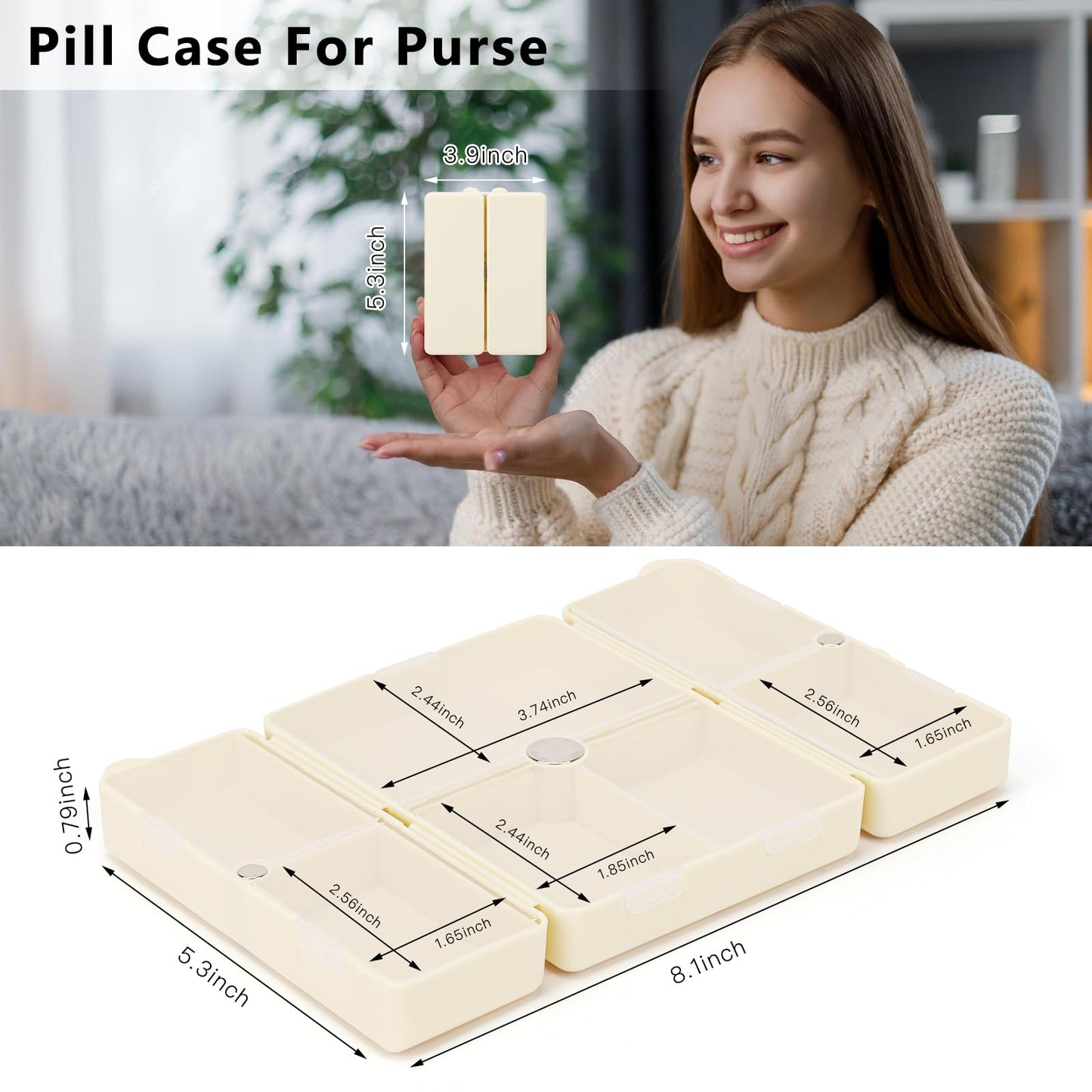 FYY Daily Pill Organizer,2 Pcs 7 Compartments Portable Pill Case Travel Pill Organizer,[Folding Design] Pill Box for Purse Pocket to Hold Vitamins,Cod Liver Oil,Supplements and Medication-White