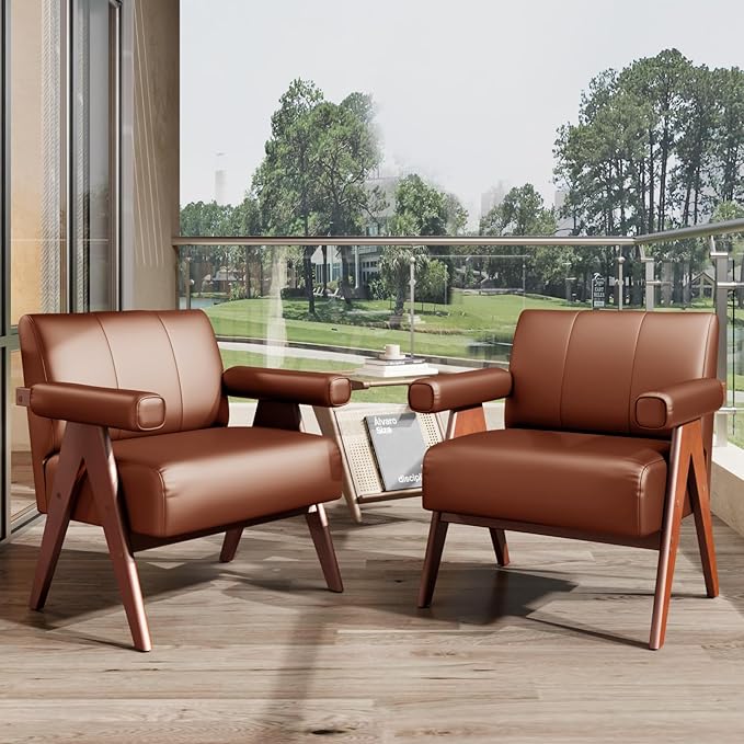 STHOUYN Brown Leather Accent Chairs Set of 2, Mid Century Modern Chair Set of 2, Side Arm Chairs for Living Room, Office Guest Waiting Room Lobby Chairs (2, Brown)