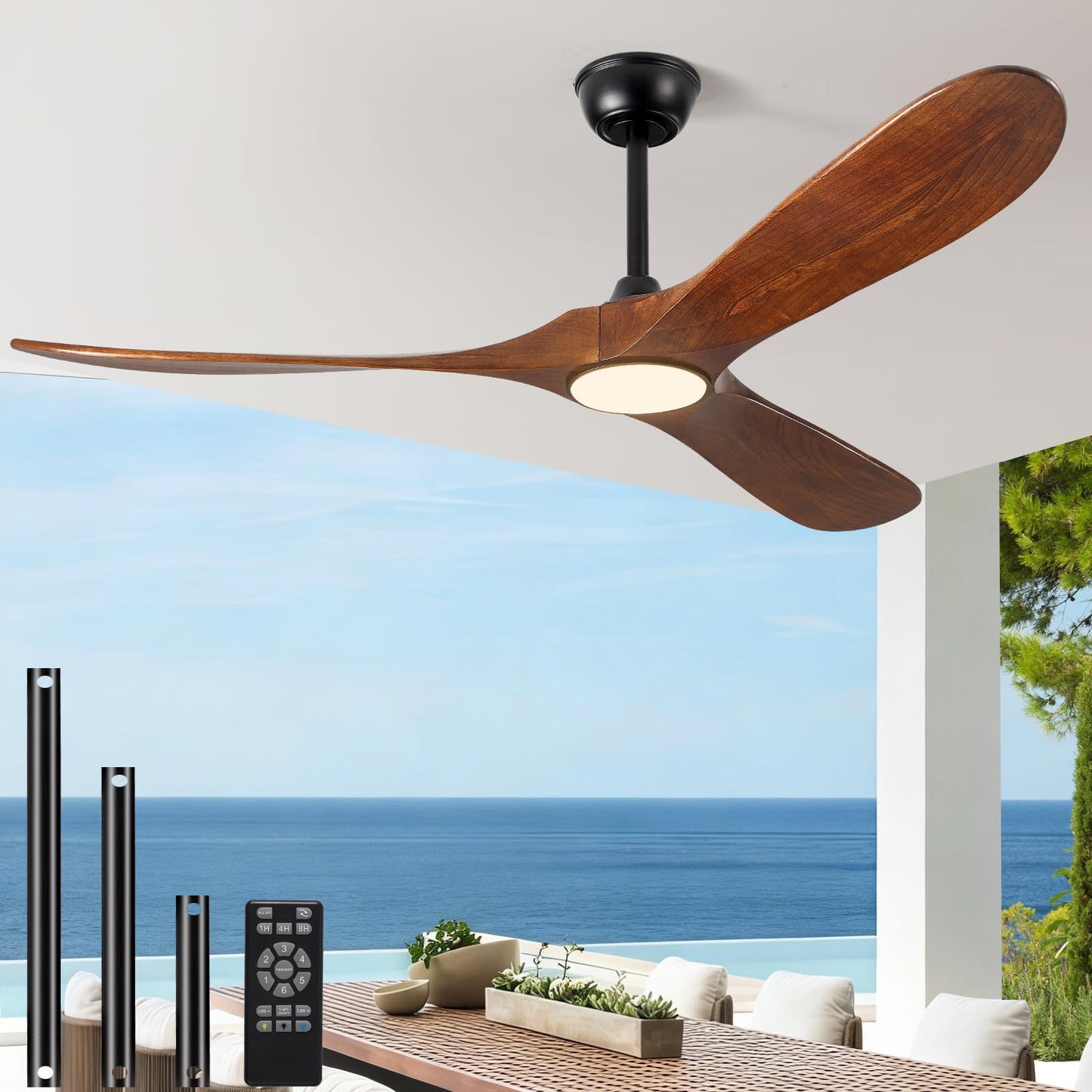 72" Ceiling Fan with Light and Remote, 6-Speed Dimmable Outdoor Ceiling Fan, High CFM Quiet 3 Blade Wood Ceiling Fan, Puoyro Modern Propeller Ceiling Fan for Outdoor Indoor Living Patio Porch (Walnut)