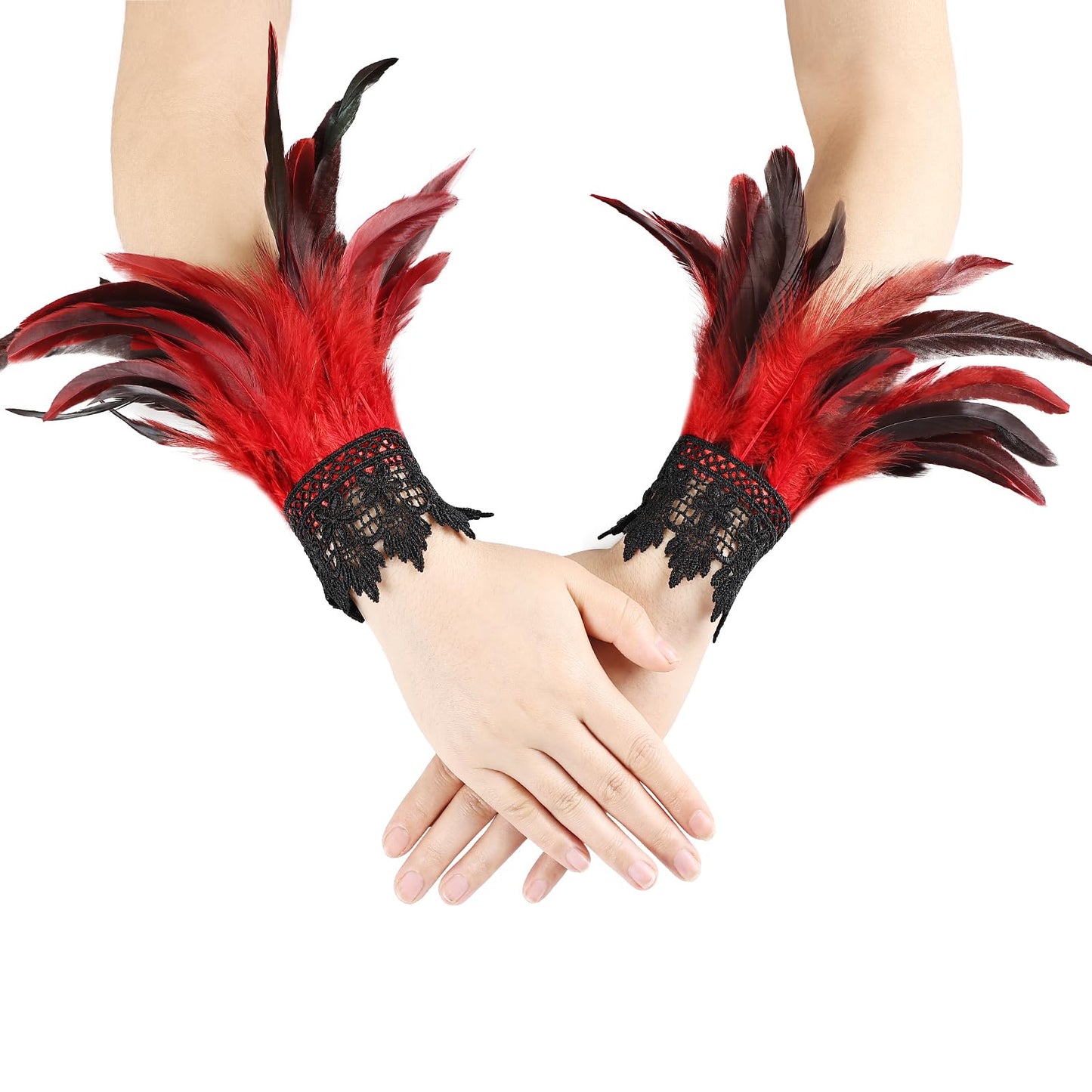 MAOFENG Women's Gothic Lace Feather Gloves Feather Arm Sleeve Wristband Mesh Cuff Cosplay Wedding Halloween Party Costume Accessories,Red