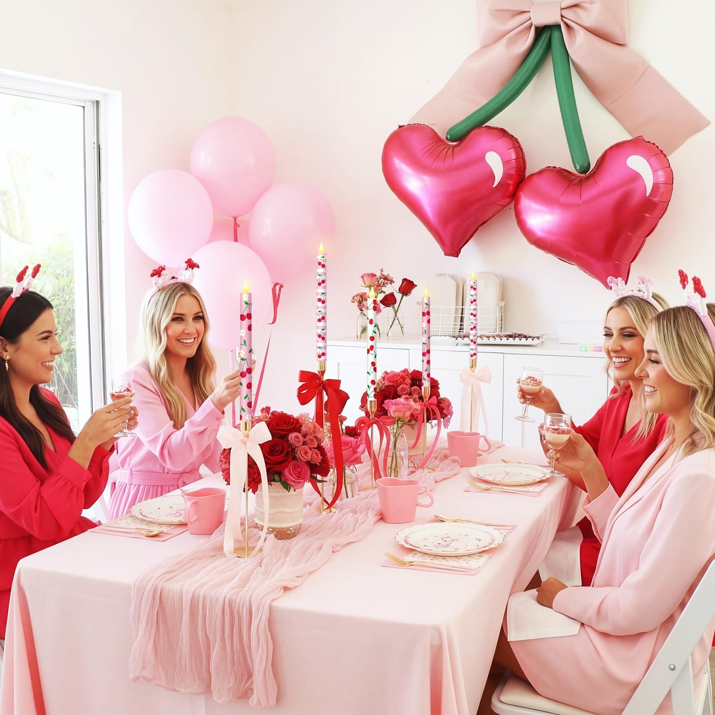 Honoson 6 Pcs Galentines Day Decorations Candles Cherry Flameless Taper Candles 10.6 Inch Battery Operated LED Candlesticks for Ladies Women Friend Sister Galentines Day Party Favors Gifts Home Decor