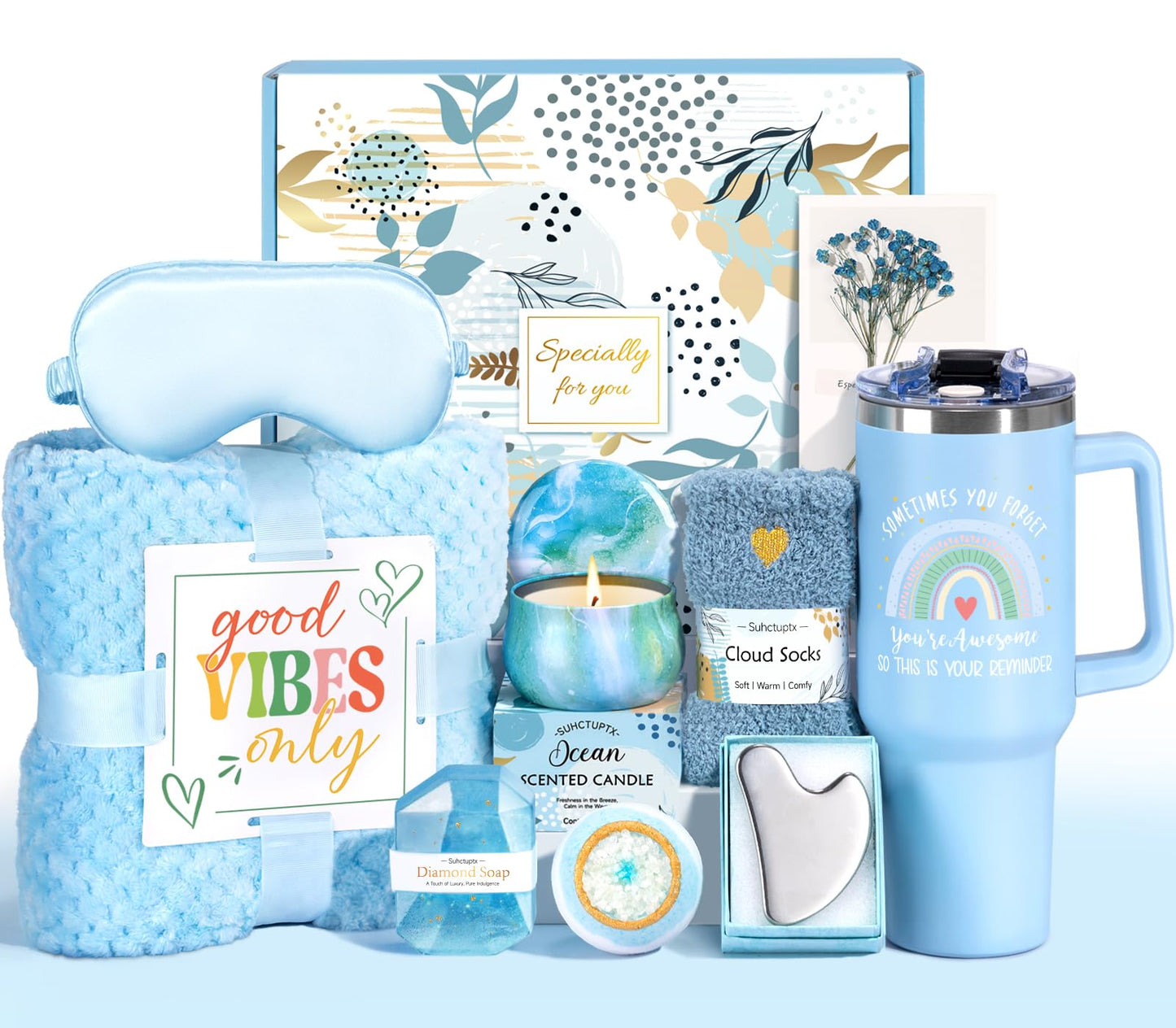 Birthday Gifts for Women, Unique Self Care Gifts Get Well Soon Basket, Christmas Relaxing Spa Gift Care Package w/ Flannel Blanket 40 oz Tumbler, Mothers Day Gifts for Mom Her Sister Friend