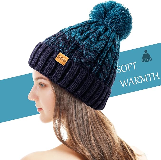 REDESS Women Winter Pompom Beanie Hat with Warm Fleece Lined, Thick Slouchy Snow Knit Skull Ski Cap