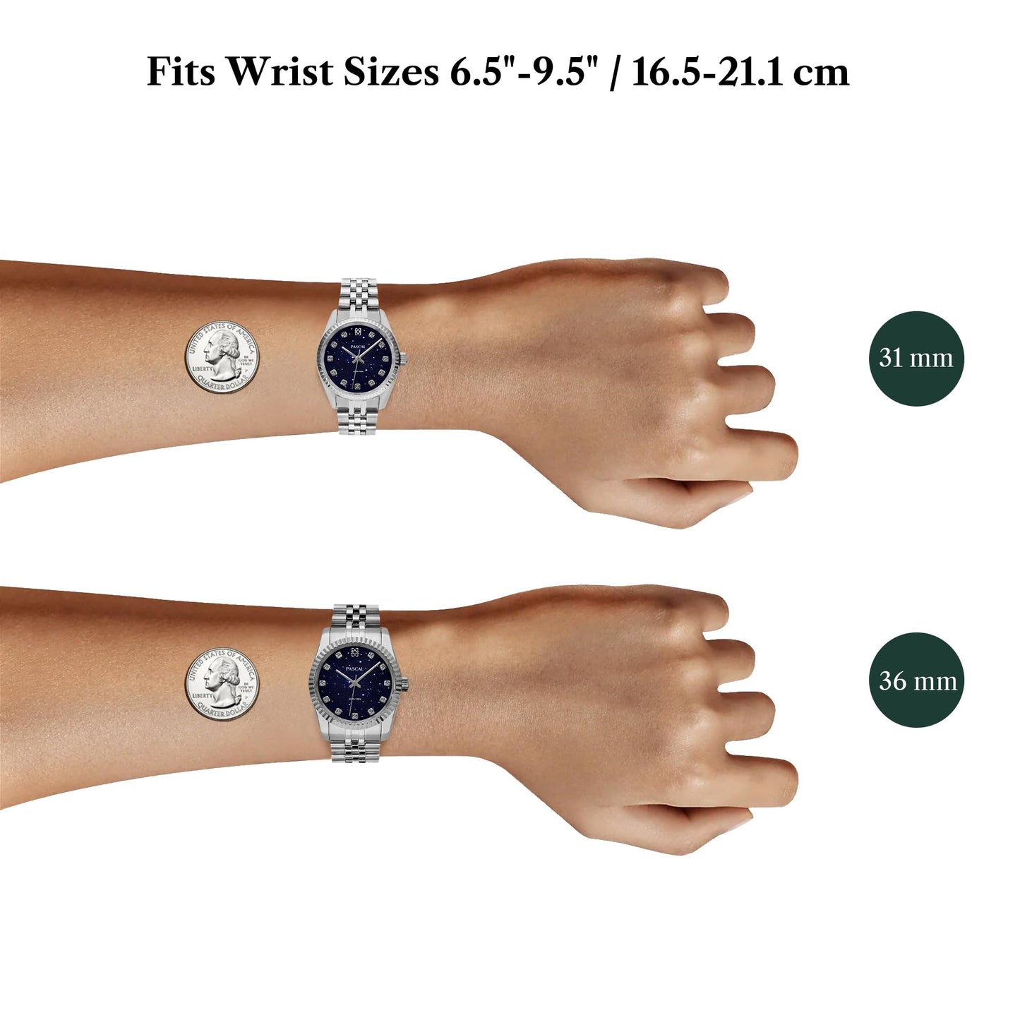 PASCAL Timeless Classic Women's Watch, Swiss Quartz, Sapphire Crystal, 10ATM Waterproof, Stainless Steel Bracelet in Silver & Rose Gold, Diamond Hour Markers, 31mm (Navy)