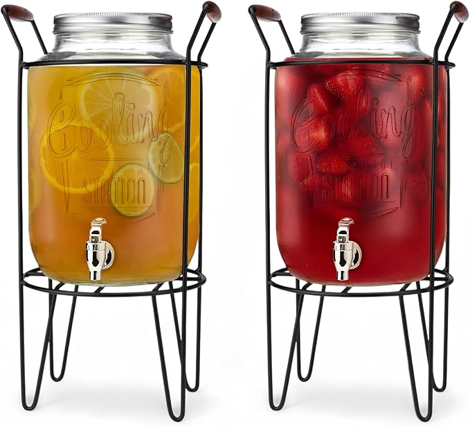 2 PACK-2 GALLON Drink Dispensers for Parties, Cooling Station Beverage Dispensers with Stand, Glass Water Jug Dispenser, 1...