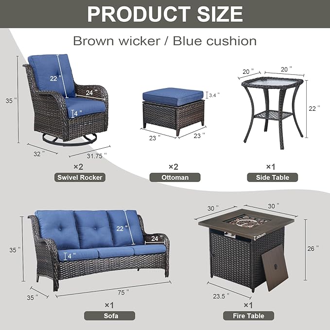 Belord Outdoor Patio Furniture Set with Propane Fire Pit Table, 7 Pieces Wicker Patio Conversation Set with 2 Swivel Glider Rocker Chairs Rattan Sofa Blue Cushion Perfect for Casual Gathering