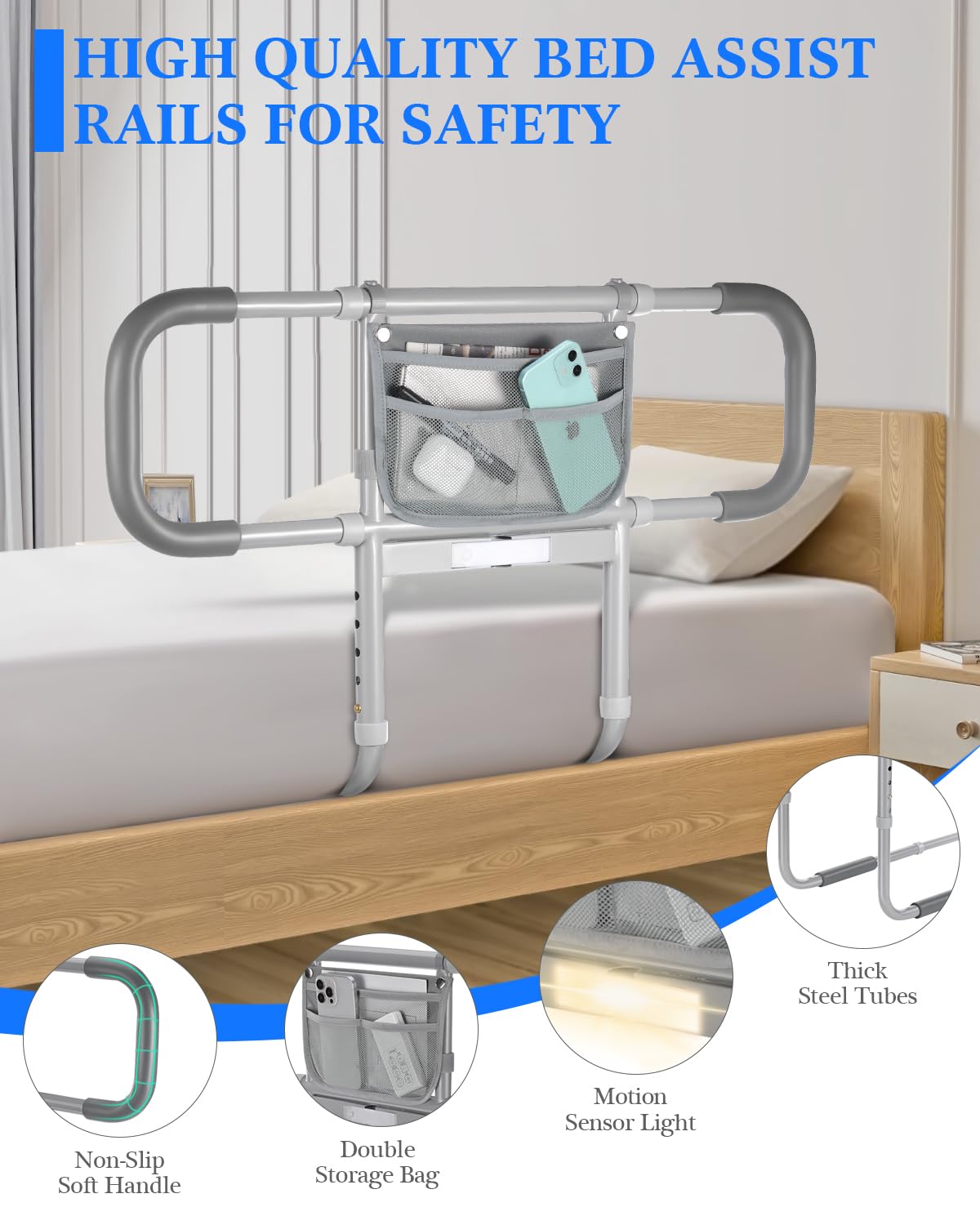 Bed Rails for Elderly Adults Safety, Extended Bed Assist Rail for Seniors with Motion Sensor Light - Adjustable Side Bed Guard Rails Handle Support Bar with Storage Bag, Fit King Queen Full Twin Bed
