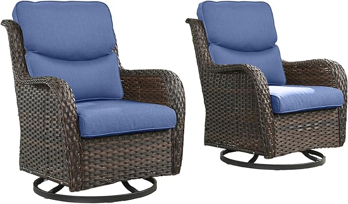 Rilyson Wicker Rocking Chair Swivel Chairs - 2 Piece Rocker Patio Chairs Set Rattan Rocking Chair for Outdoor Porch Deck Garden Backyard (Brown/Blue/Smile)