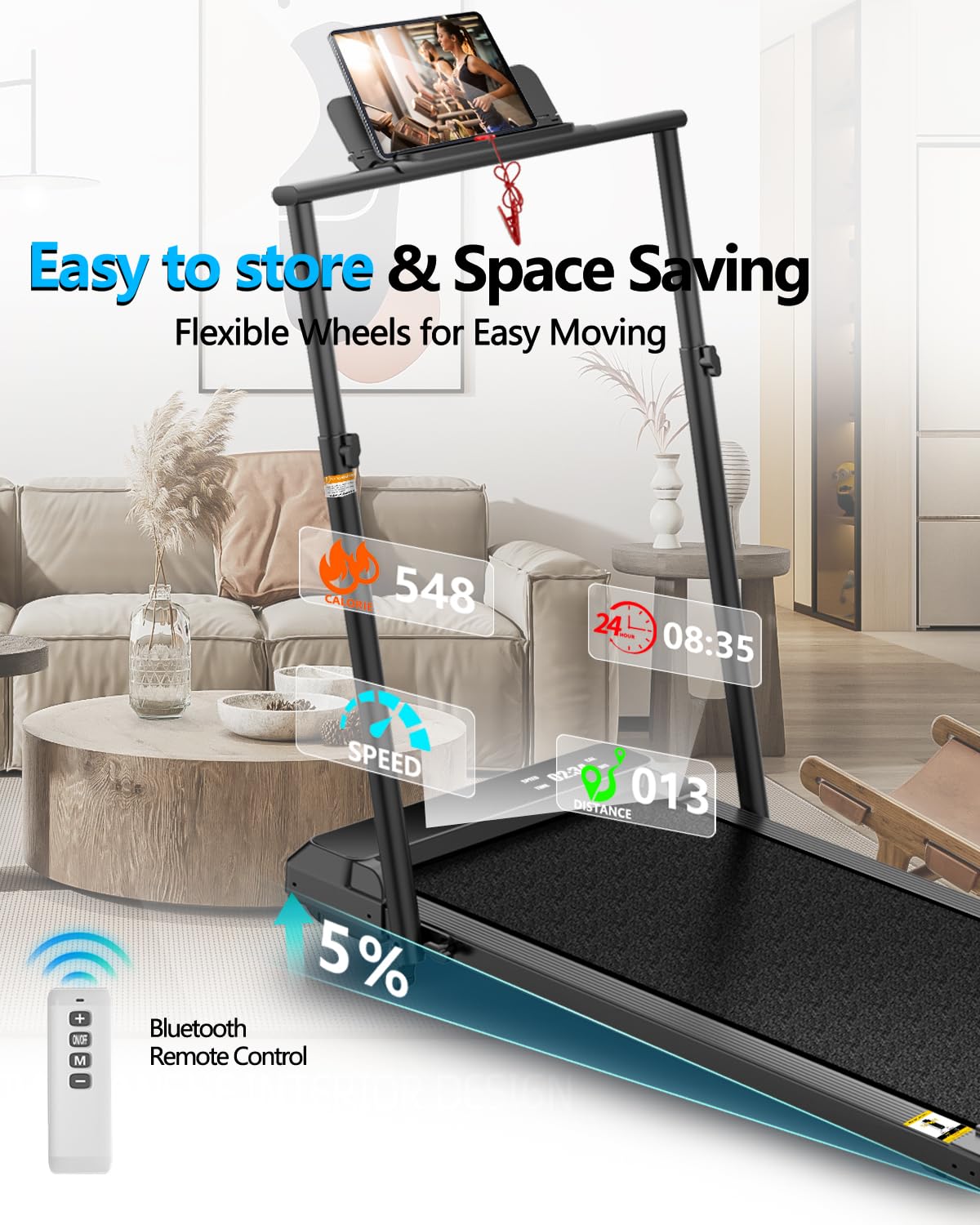 Ueadcm Walking Pad with Adjustable Handle Bar, Walking Pad Under Desk Treadmill with Remote Control and LED Display, 3 in 1 Foldable Treadmill for Home and Office, 2.5 HP Walking Pad with Incline