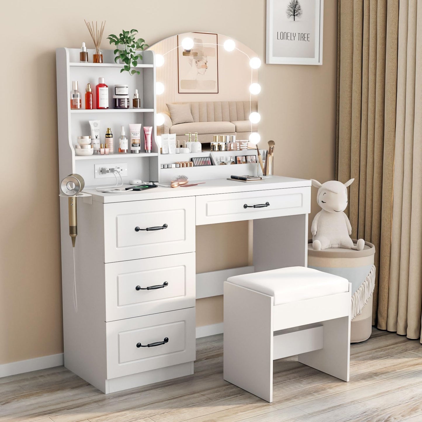 Vabches Makeup Vanity Desk with Lights and Charging Station, White Vanity Set Makeup Table with 4 Drawers Lots Storage, 3 Lighting Colors, Large Size 39.4in(W)