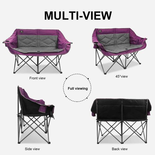 LANMOUNTAIN Folding Loveseat Camping Chair,Portable Double Chair w/Cup Holder,Wine Glass Holder,Carry Bag Heavy Duty Lawn Chair for 2 Adults,Perfect for Camp,Hiking,Picnics and Beach Trips,Purple