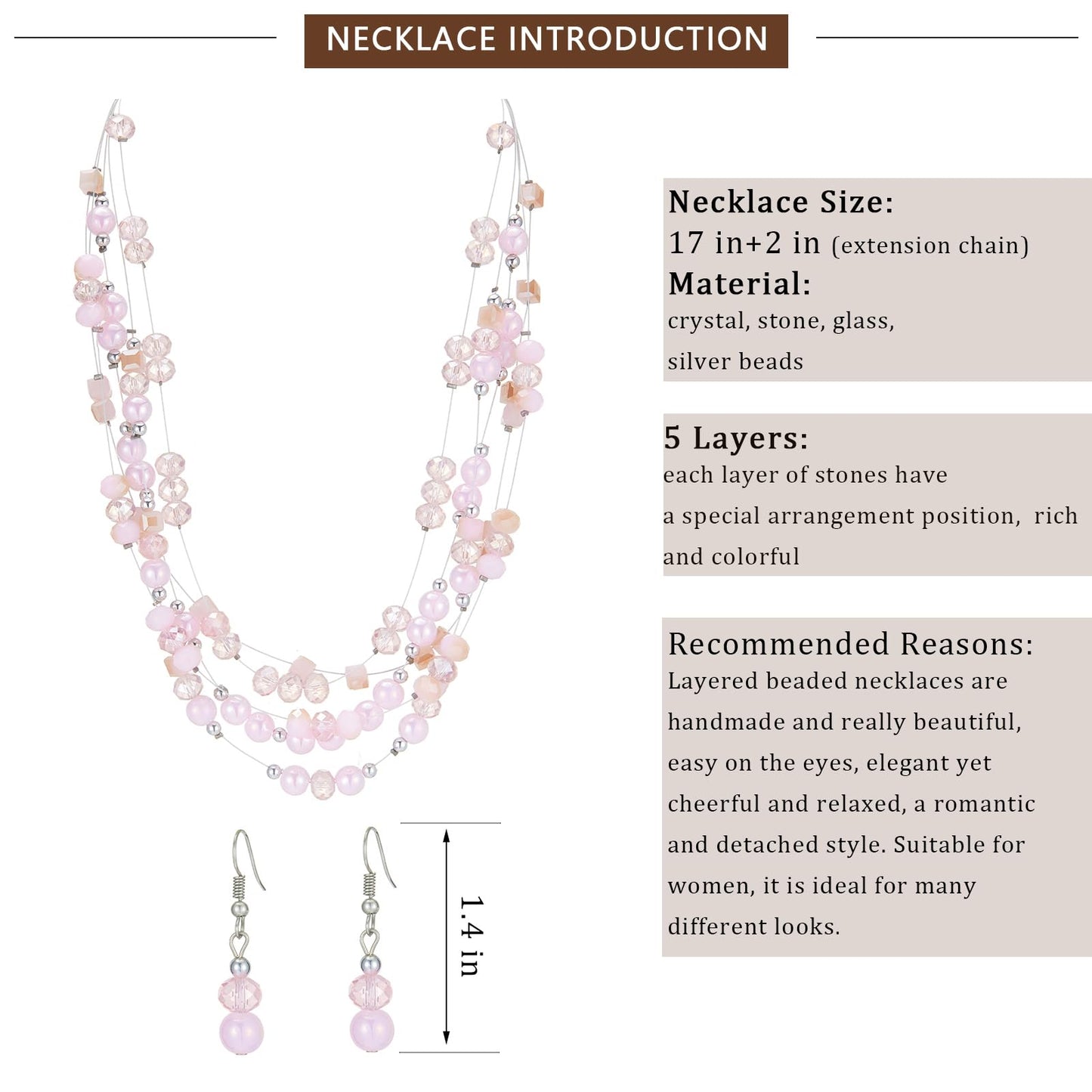 Layered Chunky Statement Necklace for Women Colorful Boho Beaded Necklaces and Earring Set Fashion Costume Jewelry for Women(Pin
