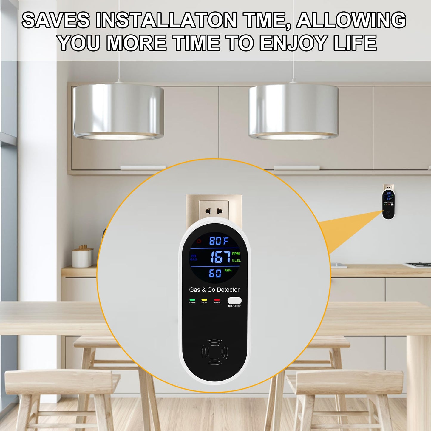 Koabbit Natural Gas & Carbon Monoxide Detector, Plug in Carbon Monoxide Alarm,Natural Gas Detector,Propane,4-in-1 Combustible Gas & CO Detector with Fahrenheit(°F) & Humidity for Home,RV,Apartment