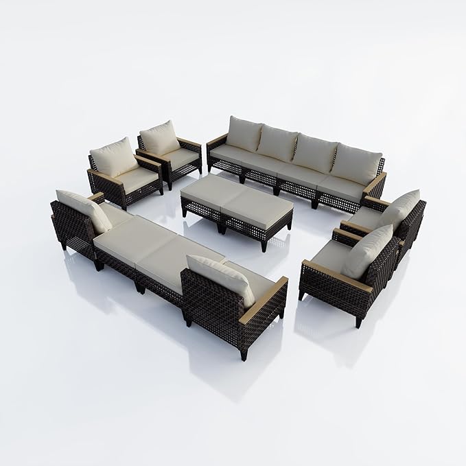 14 Pieces Patio Furniture Set, Wicker Rattan Outdoor Conversation Sets with Footstool, Modular Sectional Seating Set 2 Three Seater Sofa & 4 Single Armchairs & 4 Ottomans for Home (Beige Cushions)