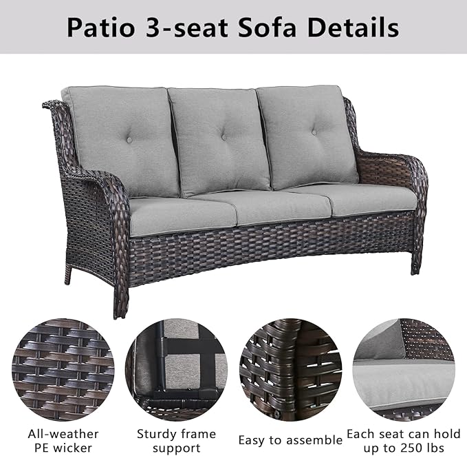 Belord 5 Piece Outdoor Patio Furniture Set - Wicker Furniture Patio Conversation Set, Outdoor Swivel Rocker Chairs with 3-Seater Sofa and 2 Ottomans for Small Space, Gray Cushion