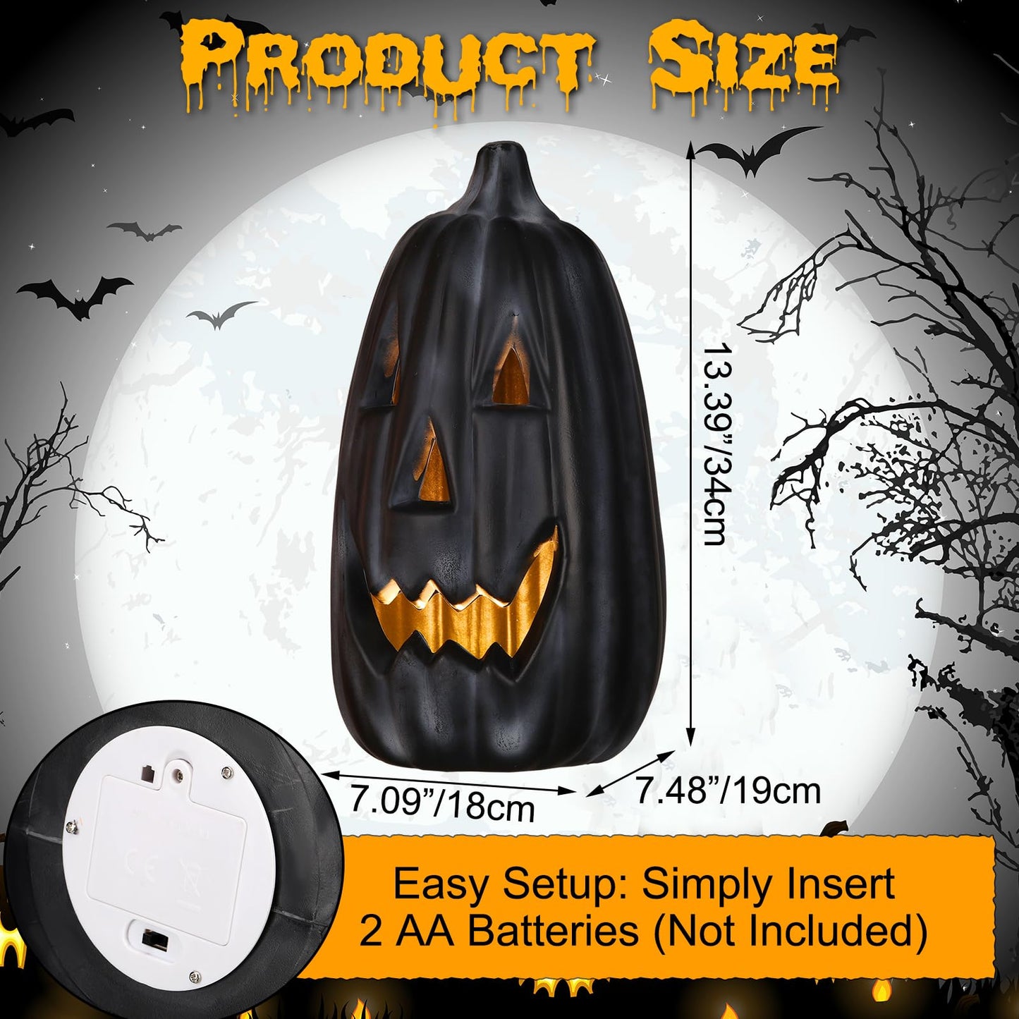 Jingmore 13.4 Inch Black Pumpkin Decoration Large Plastic Jack O' Lantern Reusable Carved Pumpkin Lantern for Thanksgiving Halloween Fall Indoor Outdoor Decor Party Centerpiece