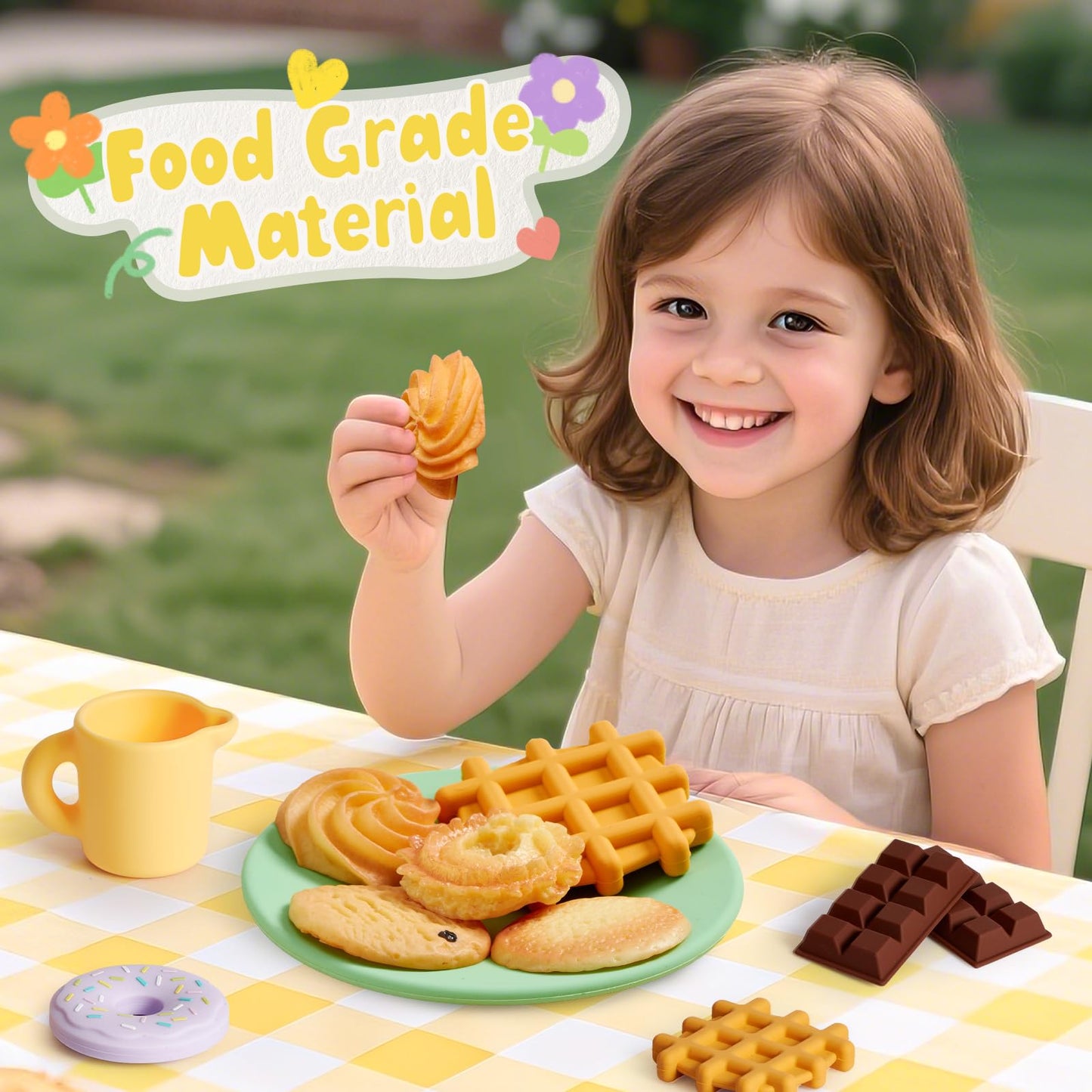 Golray Silicone Tea Sets for Toddlers 3-5, 22pcs Washable Tea Party Set with Storage Box/ Picnic Cloth, Pretend Play Kitchen Accessories Birthday Gifts Girls Toys for Kids 3 4 5 6 Years Old