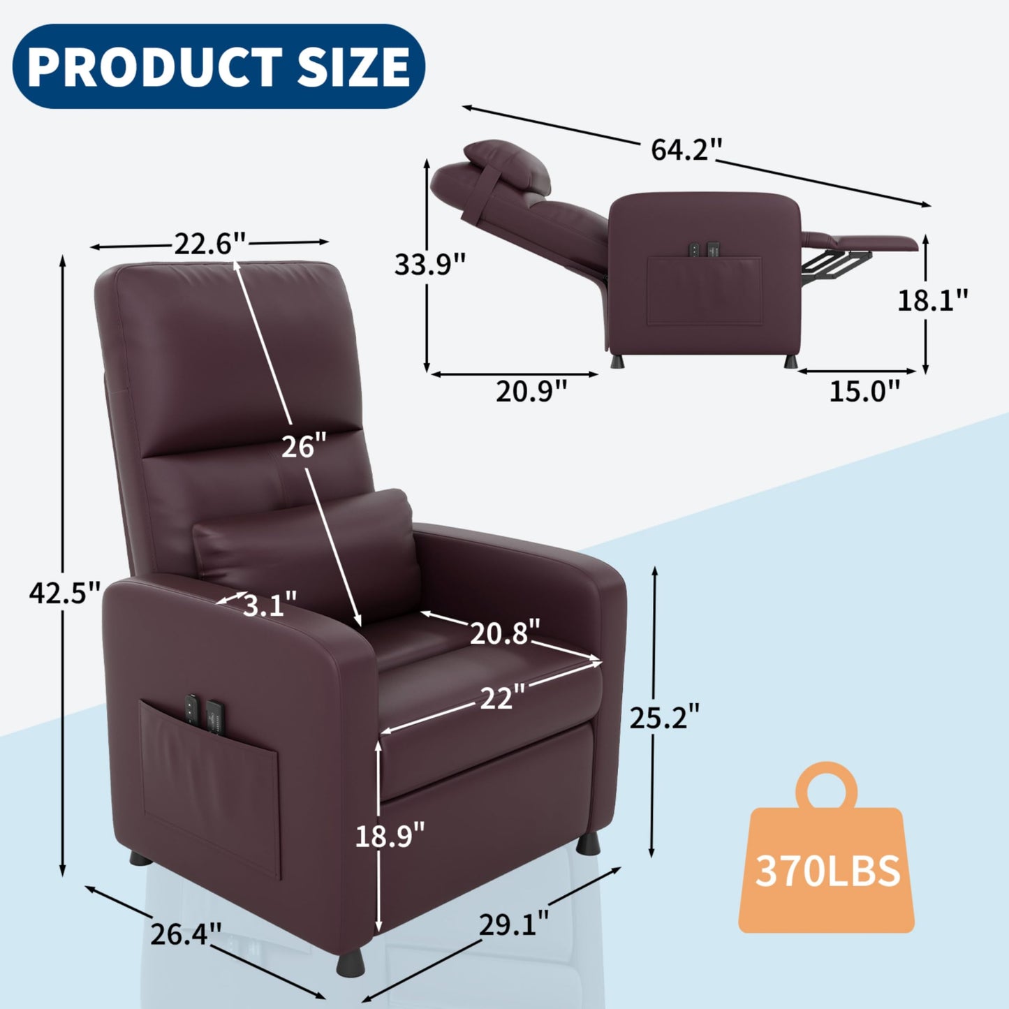 GarveeHome Power Recliner Chair, Adjustable Electric Recliner Ergonomic Overstuffed PU Leather Single Sofa, Tall Back, Padded Seat, 2 Side Pockets and USB Port, Home Theater Seating for Living Room