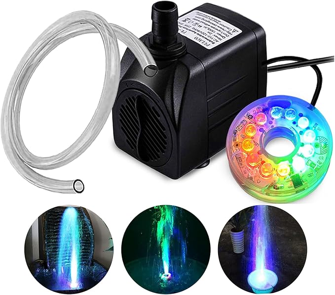 PULACO 160GPH Small Fountain Pump, 10Watt Submersible Pump with Automatic Color Changing LED Light and 3.3 ft Tubing for W...