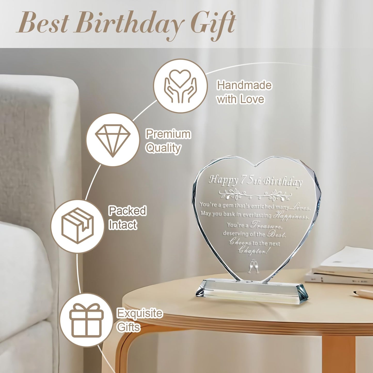 L.Karden 75th Birthday Gift for Women Men 75 Year Old Woman Crystal Heart Presents for Husband Wife Parents Grandparents Friends