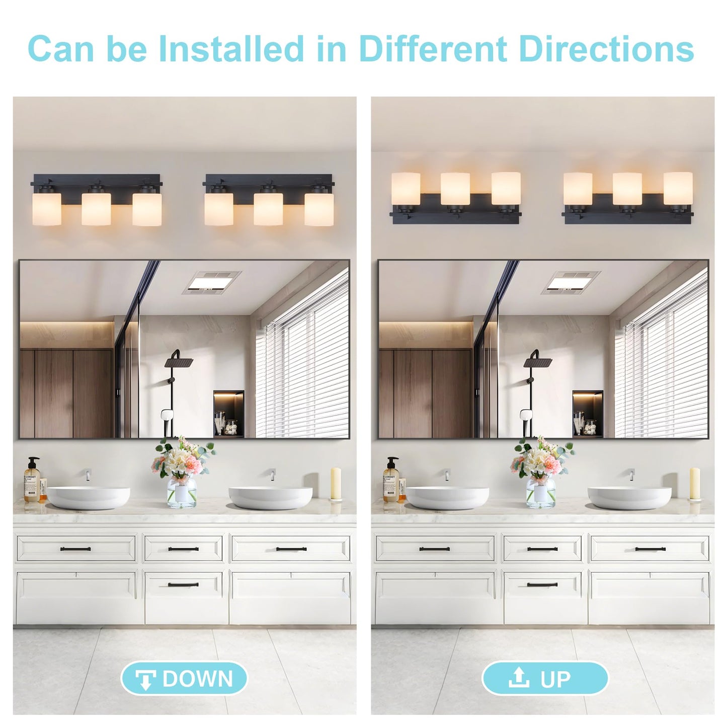 BrkNit 3 Light Modern Bathroom Light Fixtures Over Mirror, Black Vanity Lights for Bathroom Wall Sconces with Milky White Glass Shades, E26 Socket (Bulbs Not Included)