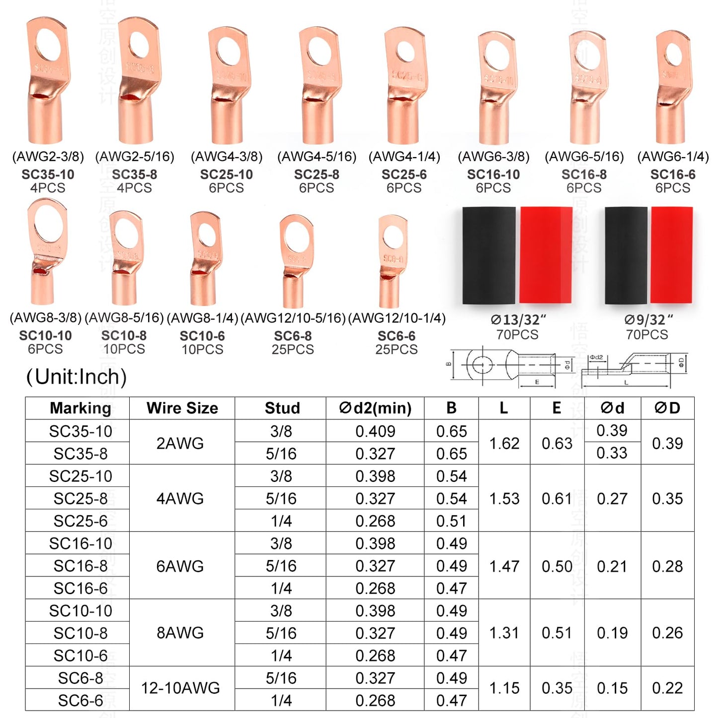 260Pcs Copper Wire Lugs, Battery Cable Ends AWG 2 4 6 8 10 12 Gauge Wire Connectors with Heat Shrink Set, Ring Terminals Connectors Battery Cable Lugs Battery Lugs with 140Pcs Heat Shrink Tubing Kit