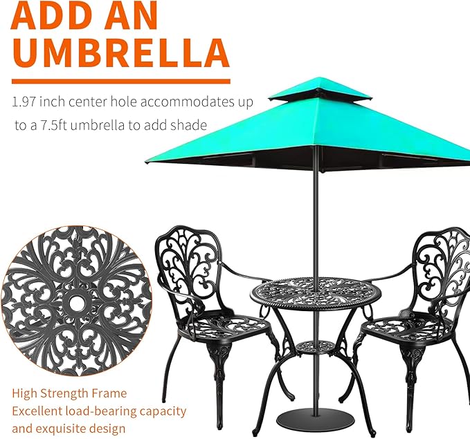 Withniture Bistro Set 3 Piece Outdoor, Bistro Table and Chairs Set of 2, All Weather Patio Bistro Set with Umbrella Hole, Patio Set for Garden, Black