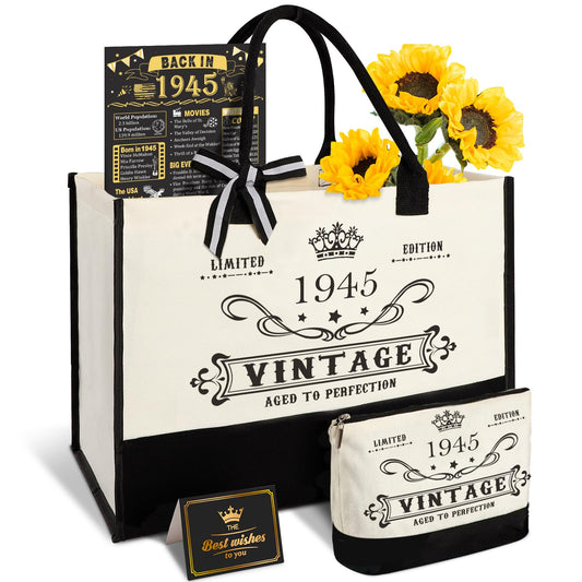 80th Birthday Gifts for Women Canvas Tote Bag Travel Gear, Unique 80 Years Old Birthday Gifts for Mom Wife Aunt Friends Her, Vintage 1945 Handbag & Cosmetic Bag & Back in 1945 Poster
