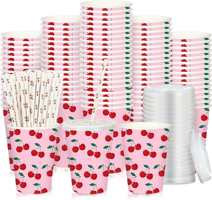50 Sets Cherry Paper Cups with Paper Straws Plastic Lids 12OZ Disposable Coffee Tea Cups for Summer Fruit Birthday Party J...