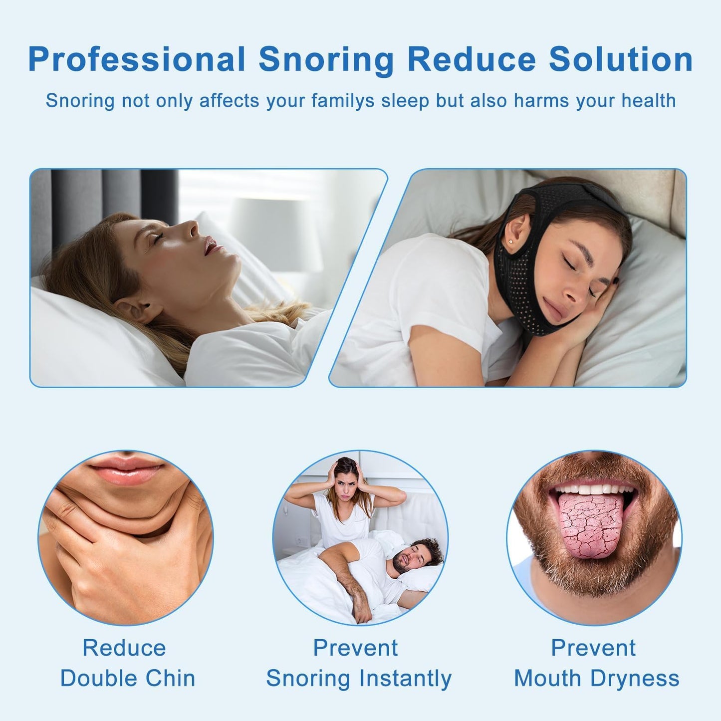Chin Strap for Sleeping, Anti Snoring Devices Comfortable Effective Stop Snoring Solution, Snore Stopper Breathable, Anti Snore Chin Strap Adjustable Velcro, with Eye Mask, Black 001