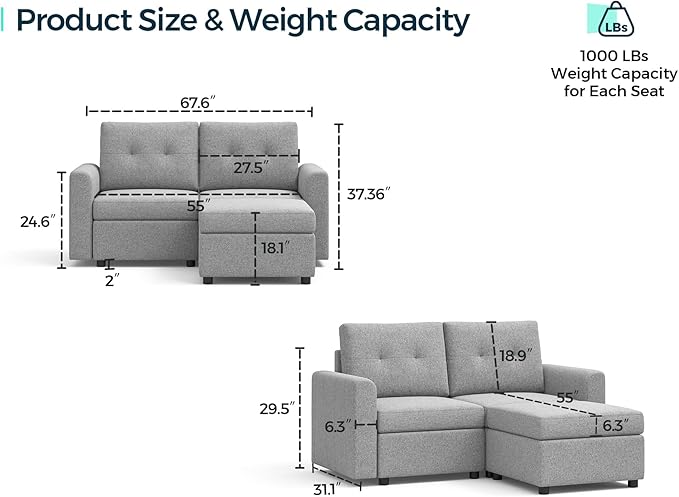 LINSY HOME Modular Sectional Sofa Oversized, Removable Cover Living Room Couches with Storage Deep Seat & Ottoman Chaise L/U Shaped Sofa Modern Couch (Grey, 2 Seats & 1 Ottoman)