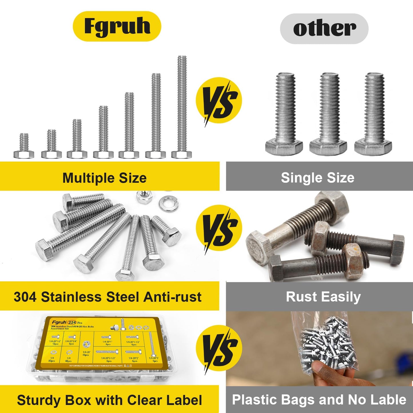 Fgruh 224PCS 1/4''-20 Hex Bolts and Nuts Assortment Kit,1/4-20 x 1/2'', 3/4'', 1'', 1-1/2'', 2'', 2-1/2'', 3'' SAE Stainless Steel Bolts Nuts and Washers Assorted Set, Fully Threaded