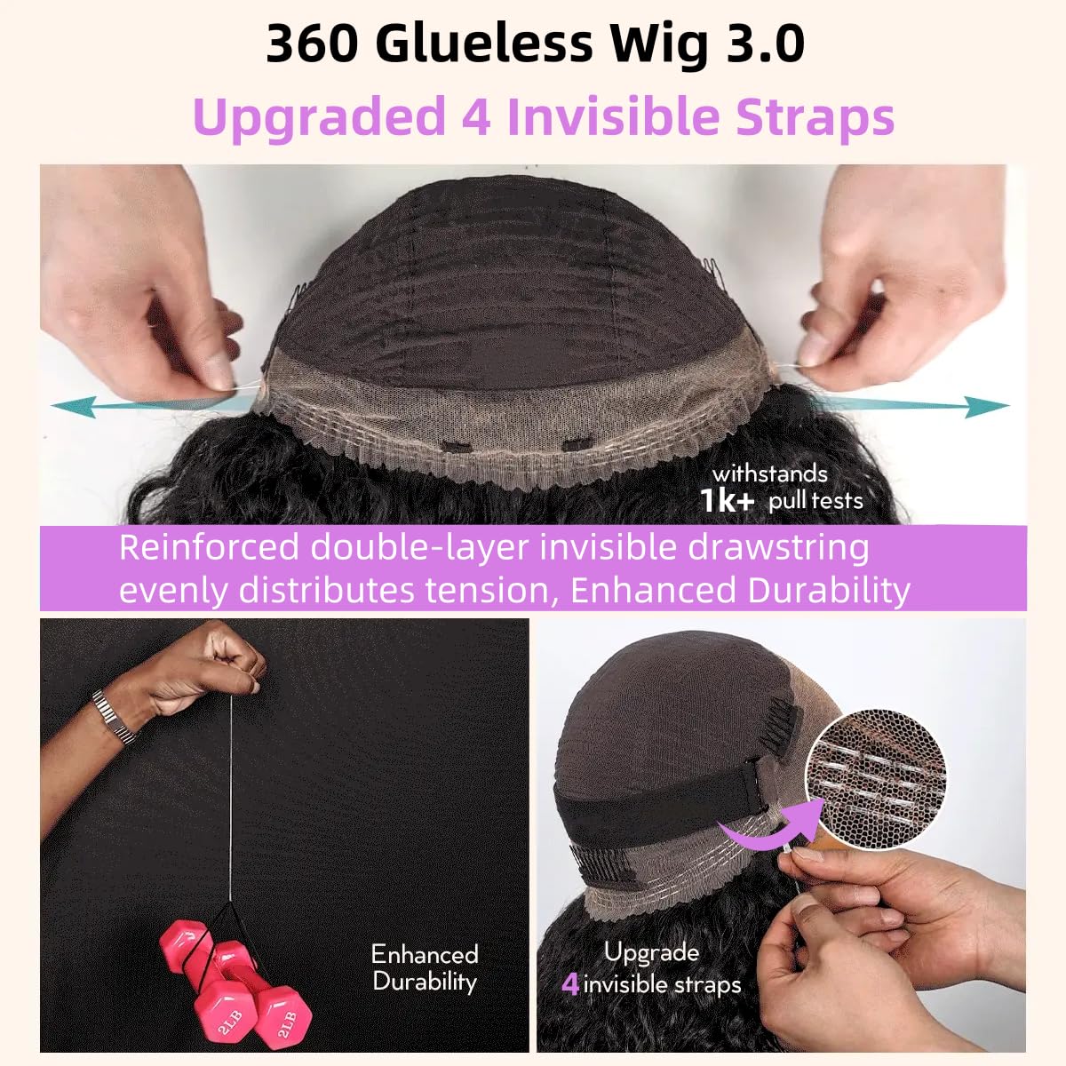 Hidden Strap 360 Glueless Wigs Human Hair Pre Plucked Pre Cut Bleached Tiny Knots Water Wave HD Full Lace Front Wigs Human Hair