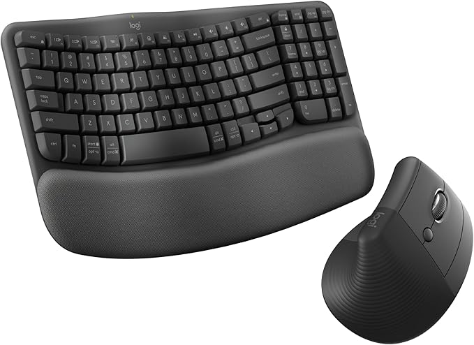 Logitech Wave Keys & Lift Vertical Mouse - Ergonomic Bundle — Wireless Keyboard with Cushioned Palm Rest & Vertical Wirele...