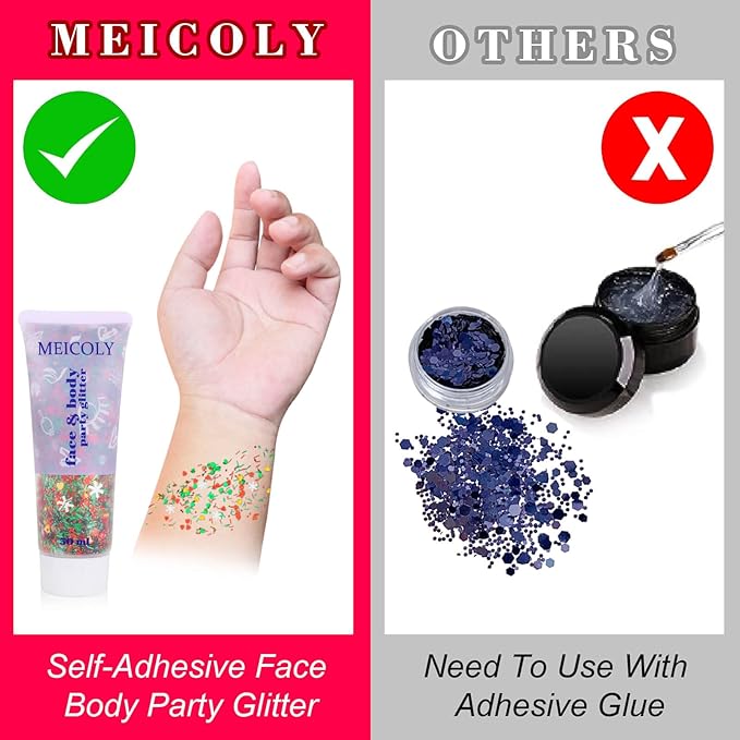 MEICOLY Christmas Face Body Glitter Gel,Christmas Stocking Stuffers Gift Decorations,Festival Hair Glitter for Women Kids Girls,Chunky Halloween Sparkling Glitter Face Paint
