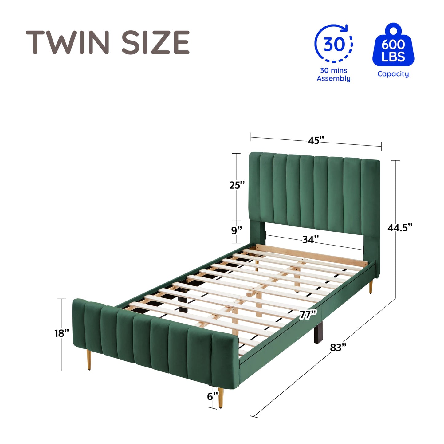 Livinia Twin Size Elton Velvet Platform Bed, Upholstered Bed Frame with Vertical Channel Tufted Headboard Footboard, Strong Wood Slats, No Box Spring Needed, Green (Twin)