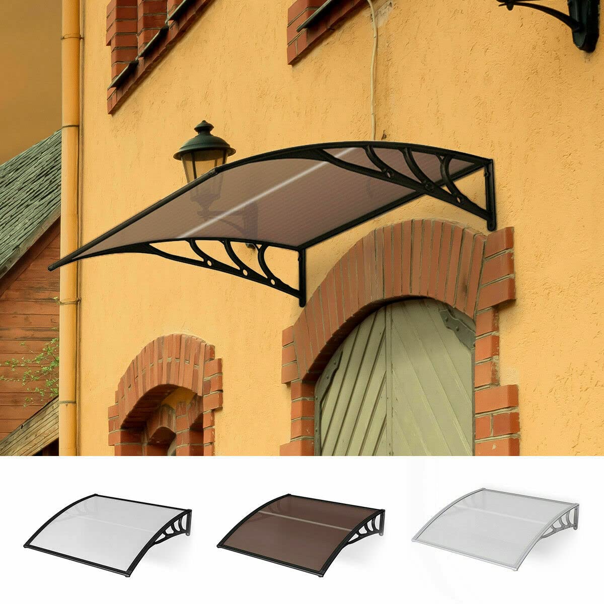 MATICO 58.5" Outdoor Clear Door Awning Patio Window Cover Polycarbonate Rain & Snow Protection, Modern Hollow Sheet with UV Protection Cover, Window Door Awning Canopy,Tea/Black-Edge