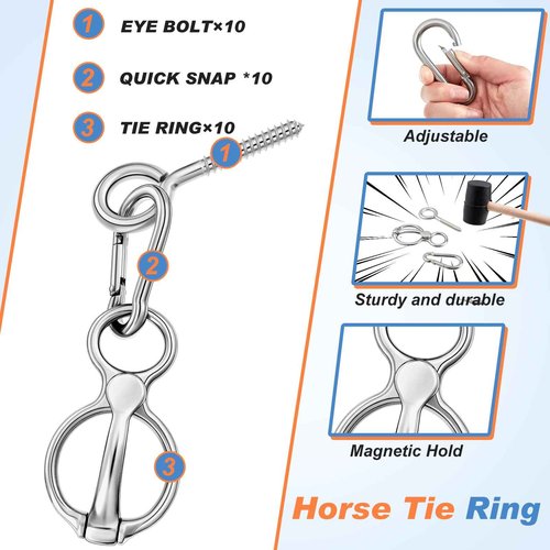 Nuenen Horse Tie Ring Stainless Steel Horse Tack and Supplies Safety Accessories with Eye Bolts and Snaps Saddle Training Equipment for Pulling(Silver,10 Sets)