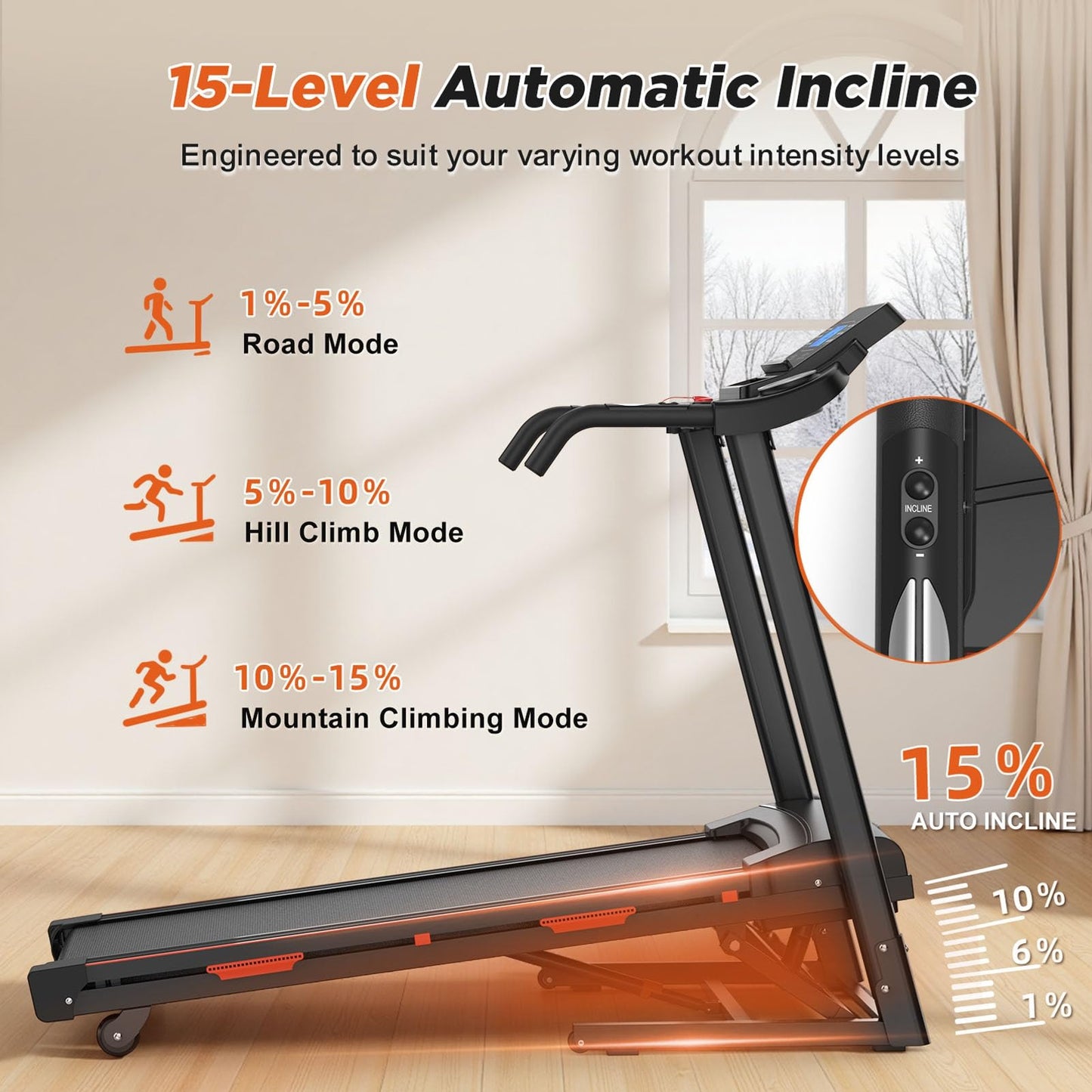 400 Lbs Foldable Treadmill with 15% Auto Incline, 3.25HP Treadmills for Home with Handlebars, Small Space Portable Running Walking Machine with Bluetooth APP & Pulse Monitor